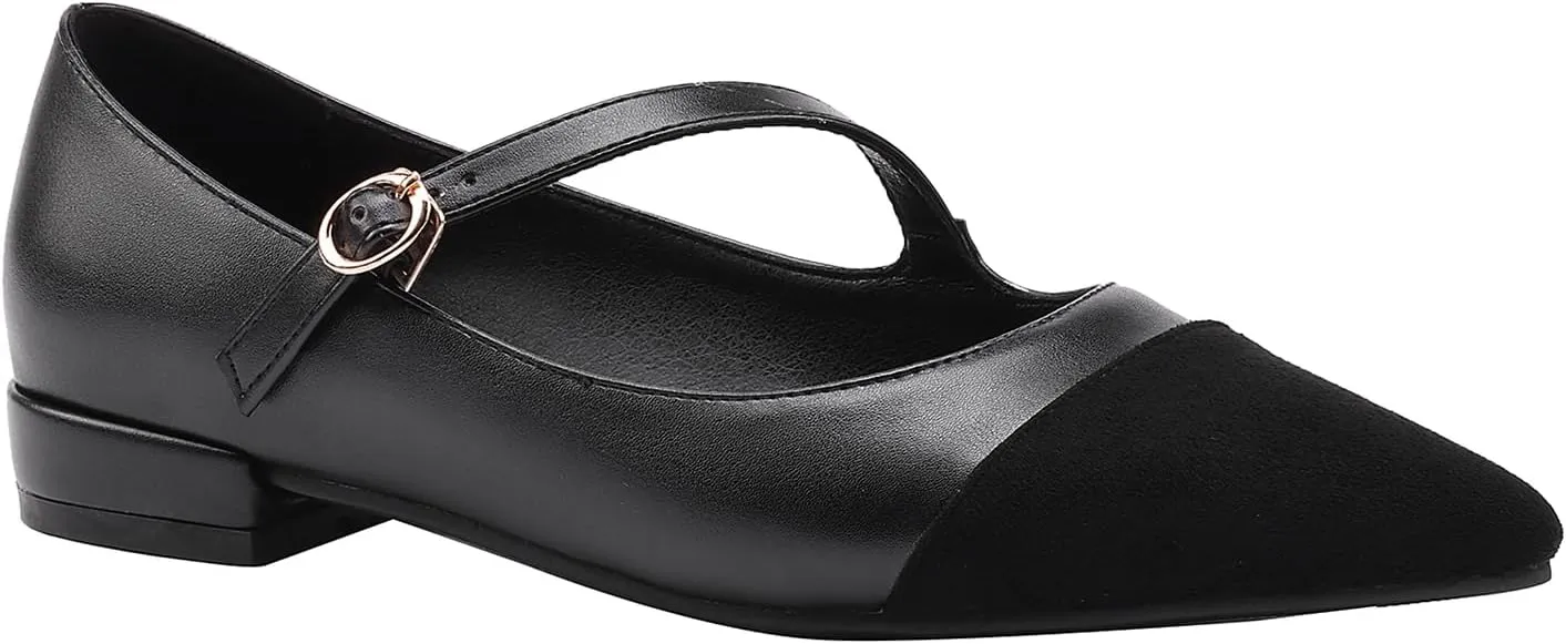 SHODENSE Women Cap Toe Flats Shoes Ankle Strap Pointed Closed Toe Flat Heel Mary Janes Two Tone Comfort 1" Low Chunky Heel Dress Shoes Pumps Office Ladies Driver Ballet Flats 4-10 M US