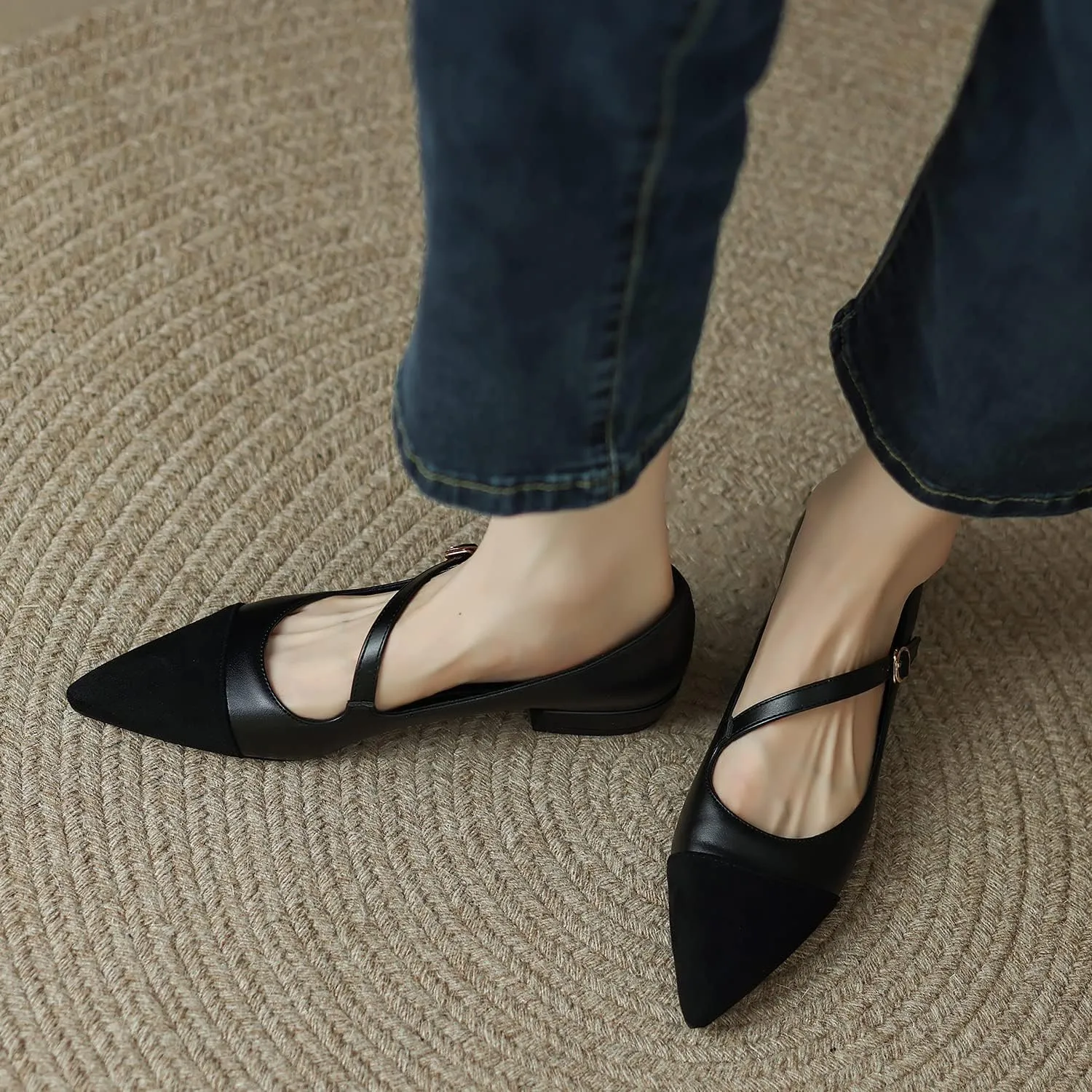 SHODENSE Women Cap Toe Flats Shoes Ankle Strap Pointed Closed Toe Flat Heel Mary Janes Two Tone Comfort 1" Low Chunky Heel Dress Shoes Pumps Office Ladies Driver Ballet Flats 4-10 M US