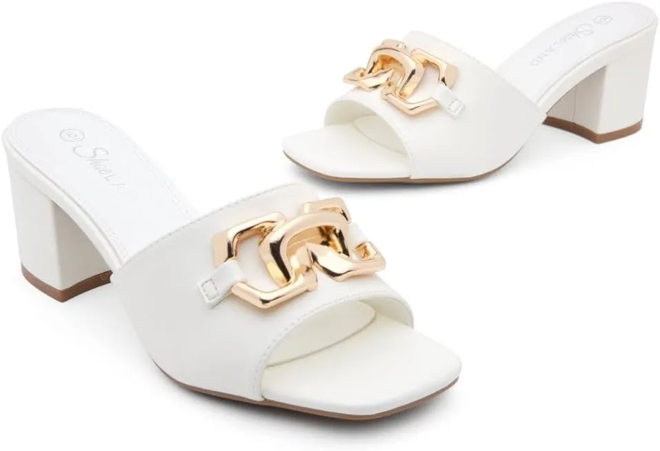 Shoe Land Women’s Low Block Heels – Square Open Toe Slip-On Mules, Slides & Sandals with Metal Chain | Casual & Dressy Chunky Heels for Wedding, Prom & Everyday