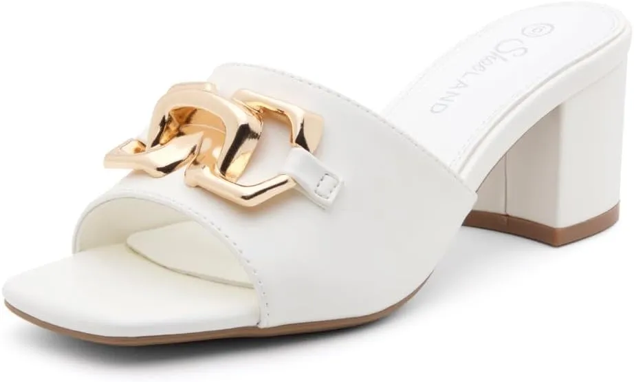 Shoe Land Women’s Low Block Heels – Square Open Toe Slip-On Mules, Slides & Sandals with Metal Chain | Casual & Dressy Chunky Heels for Wedding, Prom & Everyday