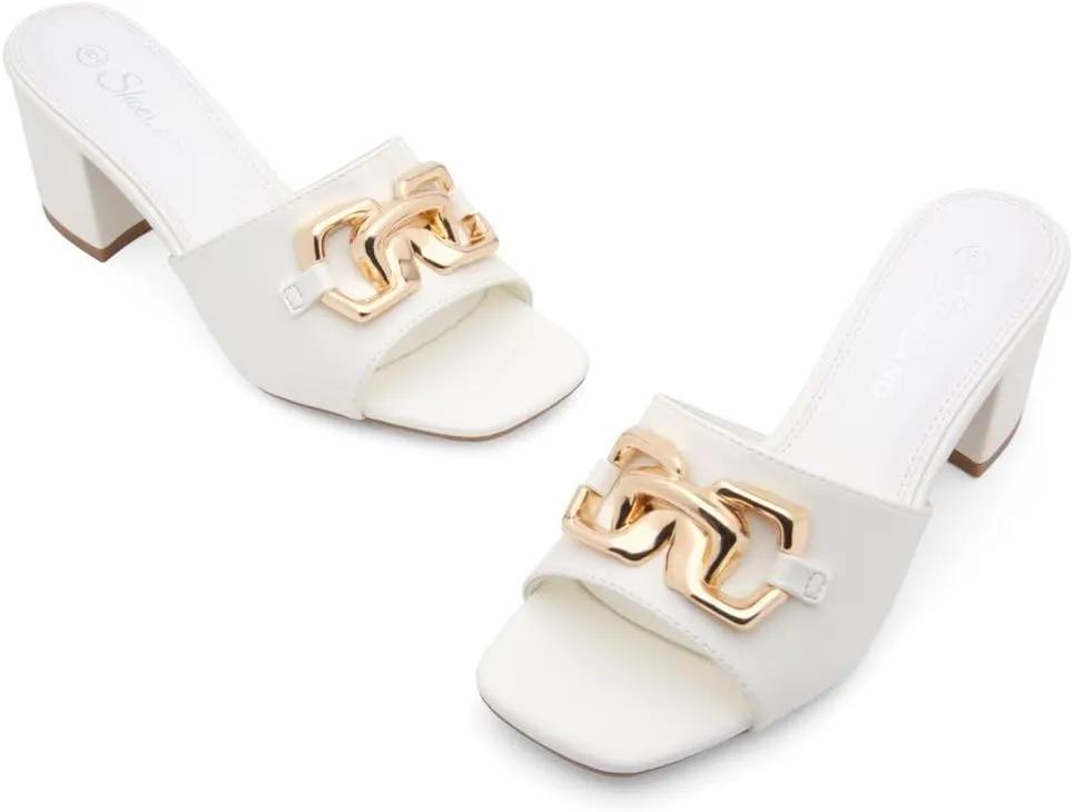 Shoe Land Women’s Low Block Heels – Square Open Toe Slip-On Mules, Slides & Sandals with Metal Chain | Casual & Dressy Chunky Heels for Wedding, Prom & Everyday