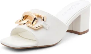 Shoe Land Women’s Low Block Heels – Square Open Toe Slip-On Mules, Slides & Sandals with Metal Chain | Casual & Dressy Chunky Heels for Wedding, Prom & Everyday