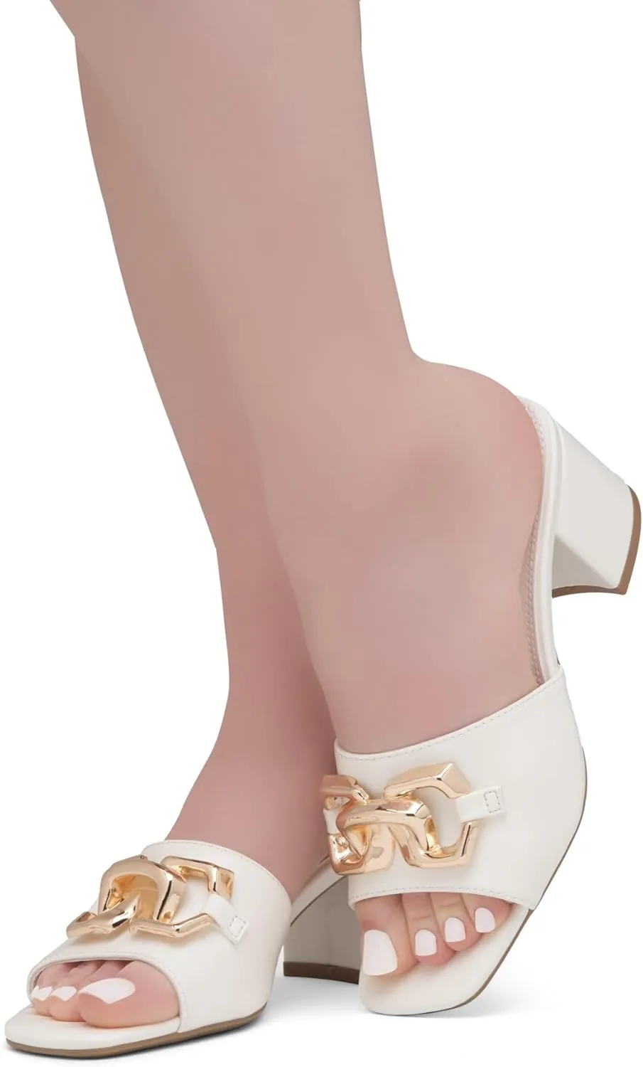 Shoe Land Women’s Low Block Heels – Square Open Toe Slip-On Mules, Slides & Sandals with Metal Chain | Casual & Dressy Chunky Heels for Wedding, Prom & Everyday