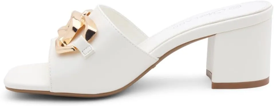 Shoe Land Women’s Low Block Heels – Square Open Toe Slip-On Mules, Slides & Sandals with Metal Chain | Casual & Dressy Chunky Heels for Wedding, Prom & Everyday
