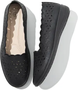Shupua Flats for Women Dressy Comfortable Women's Ballet Flats Shoes Casual Black Flats Round Toe Womens Slip on Shoes PU Leather Flats Summer with Diamond Eyelets