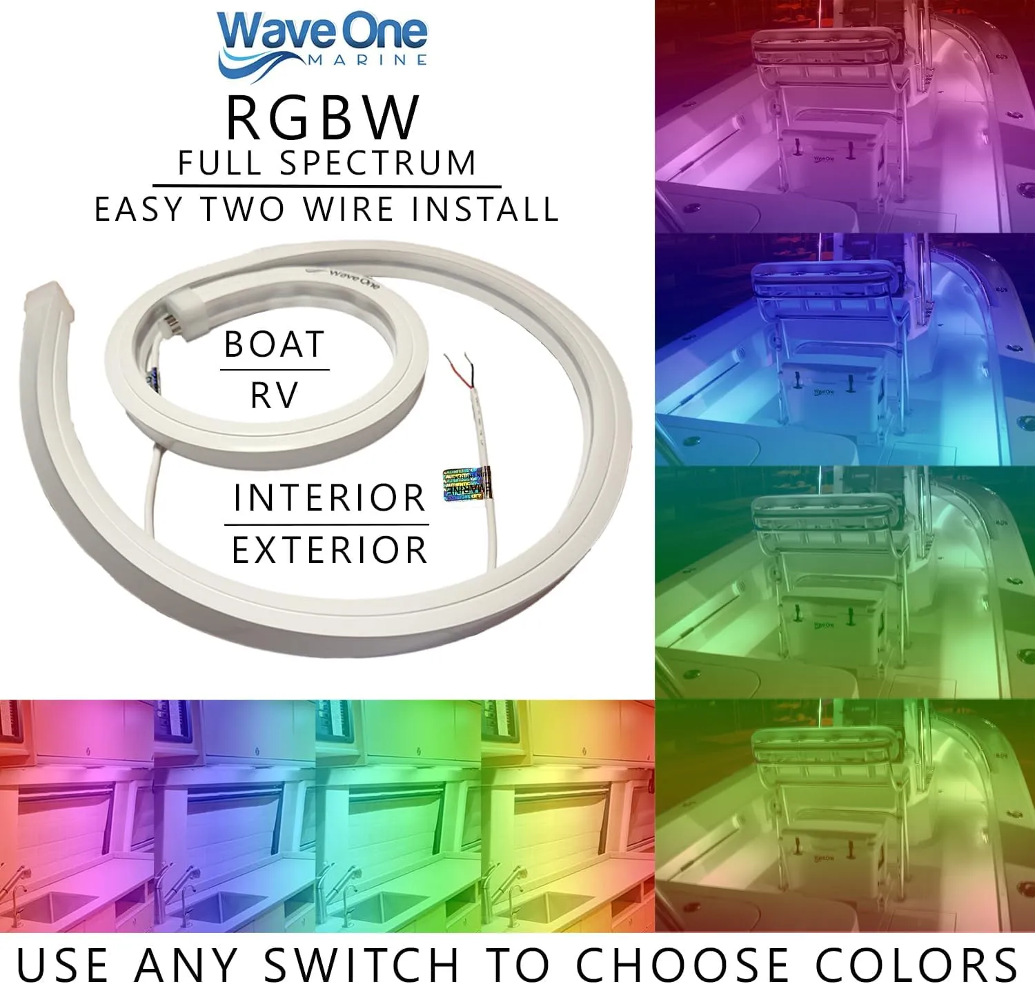Spectrum RGBW Flex Light | Internal Driver LED Waterproof Boat Accent Courtesy Light 12V Volt RV | Multi Color Two Wire Install | Deck Pontoon Strip | IP67 Interior Exterior (48")