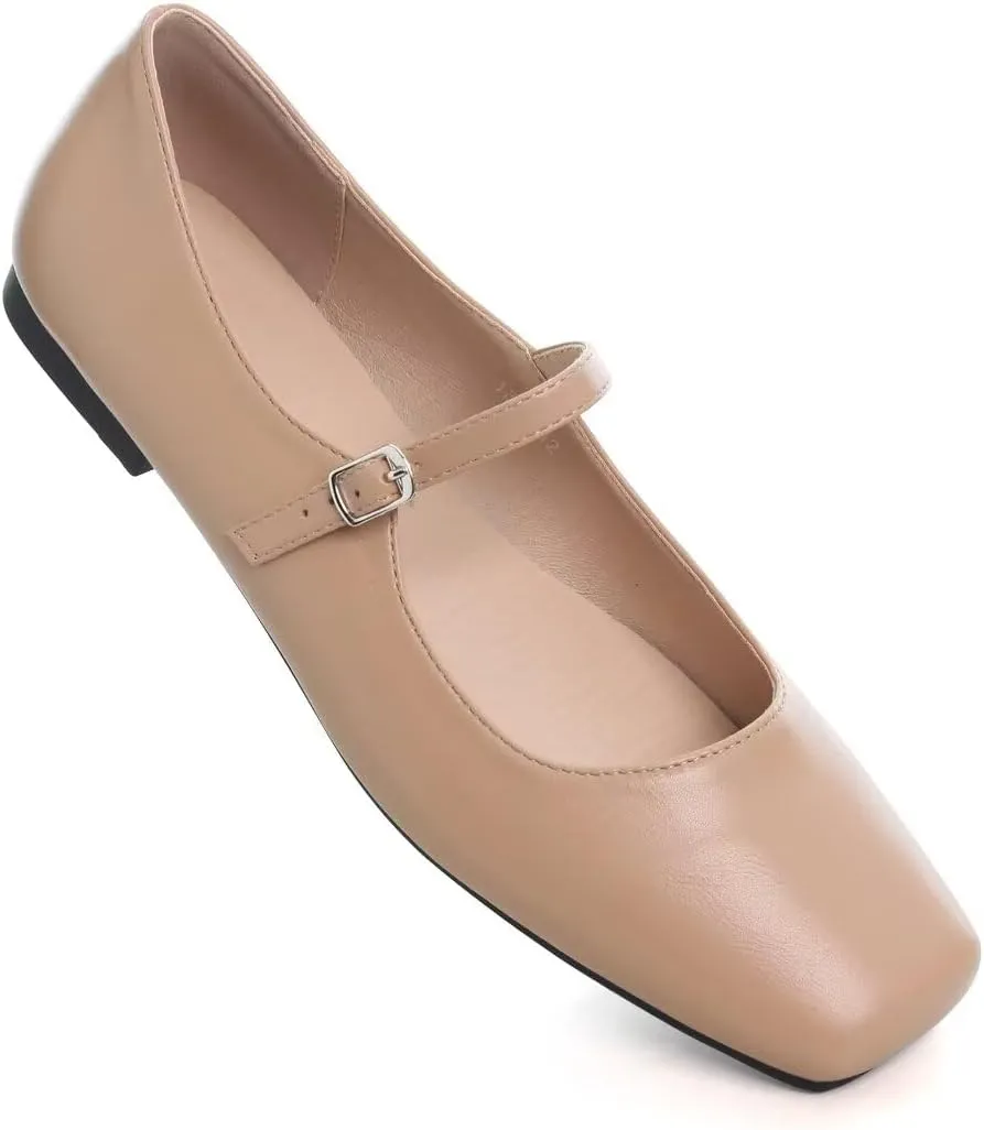 Stunner Mary Jane Square Toe Black Ballet Flats for Women - Comfortable Ankle Strap Casual Slip On Flats