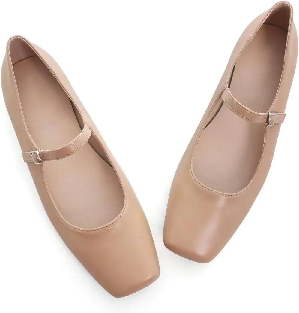Stunner Mary Jane Square Toe Black Ballet Flats for Women - Comfortable Ankle Strap Casual Slip On Flats