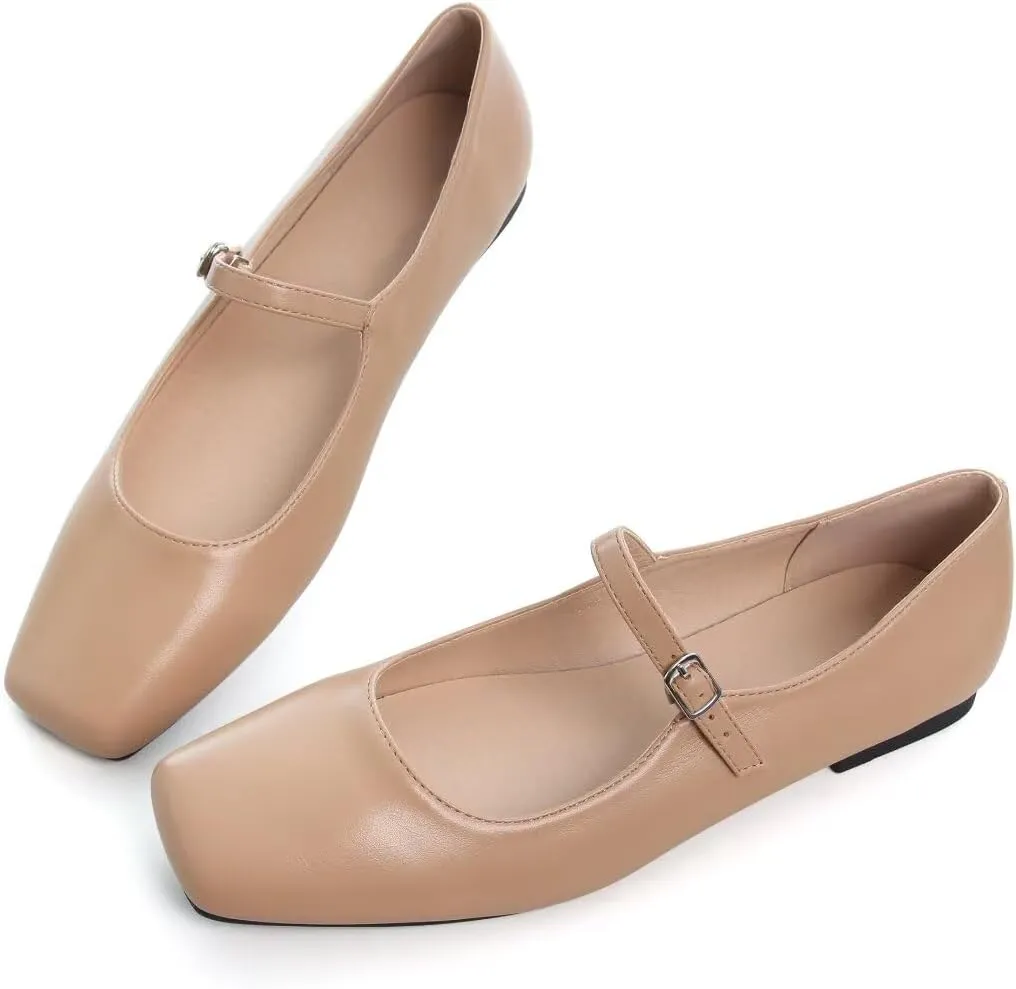 Stunner Mary Jane Square Toe Black Ballet Flats for Women - Comfortable Ankle Strap Casual Slip On Flats