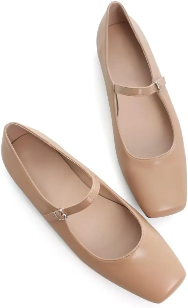 Stunner Mary Jane Square Toe Black Ballet Flats for Women - Comfortable Ankle Strap Casual Slip On Flats