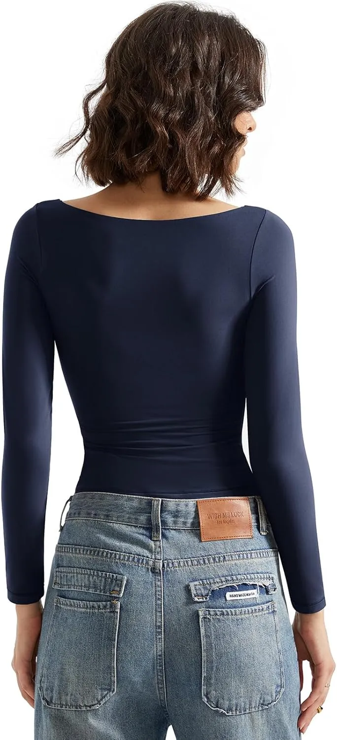 SUUKSESS Women Crew Neck Long Sleeve T Shirts Double Lined Tight Fitted Crop Top