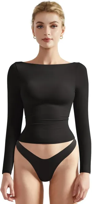 SUUKSESS Women Crew Neck Long Sleeve T Shirts Double Lined Tight Fitted Crop Top