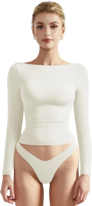 SUUKSESS Women Crew Neck Long Sleeve T Shirts Double Lined Tight Fitted Crop Top