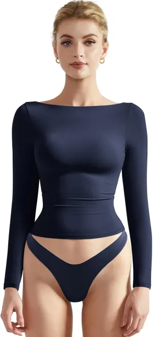 SUUKSESS Women Crew Neck Long Sleeve T Shirts Double Lined Tight Fitted Crop Top
