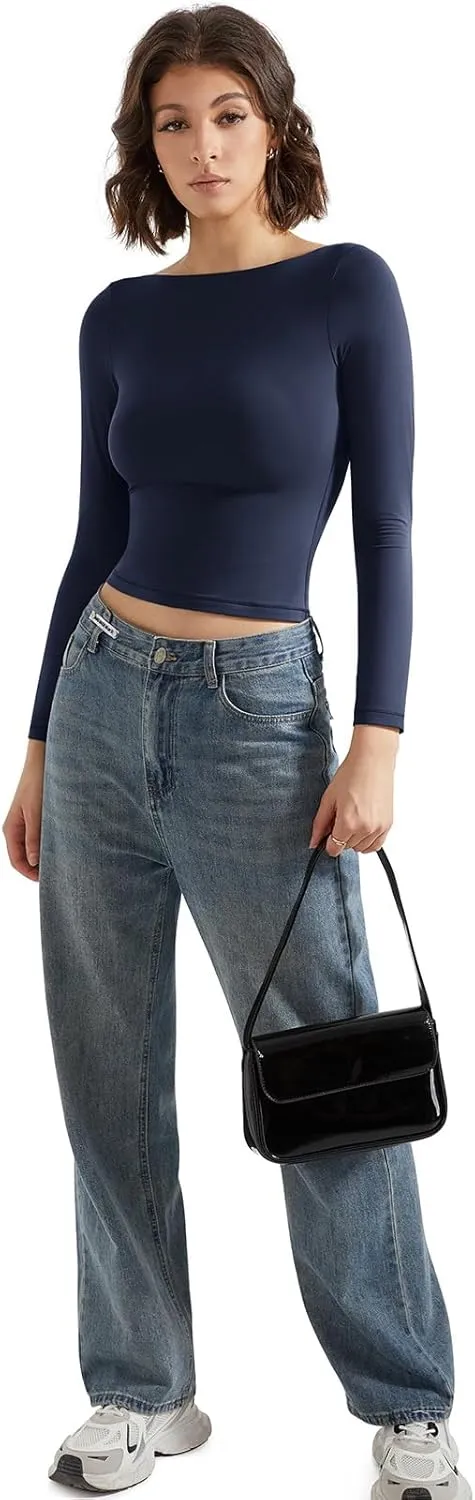 SUUKSESS Women Crew Neck Long Sleeve T Shirts Double Lined Tight Fitted Crop Top