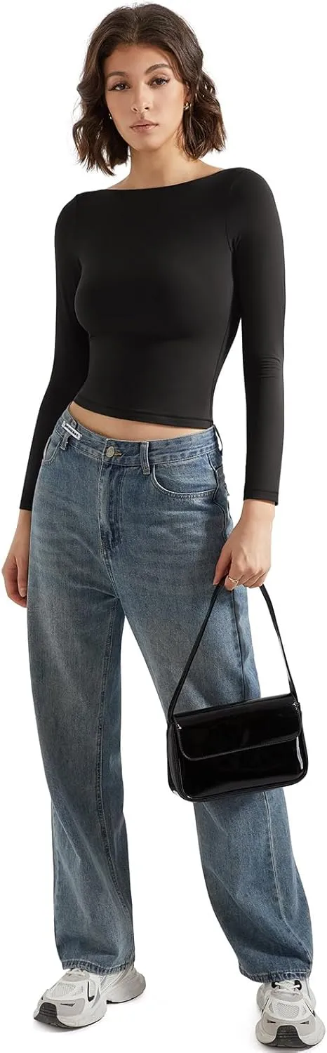 SUUKSESS Women Crew Neck Long Sleeve T Shirts Double Lined Tight Fitted Crop Top