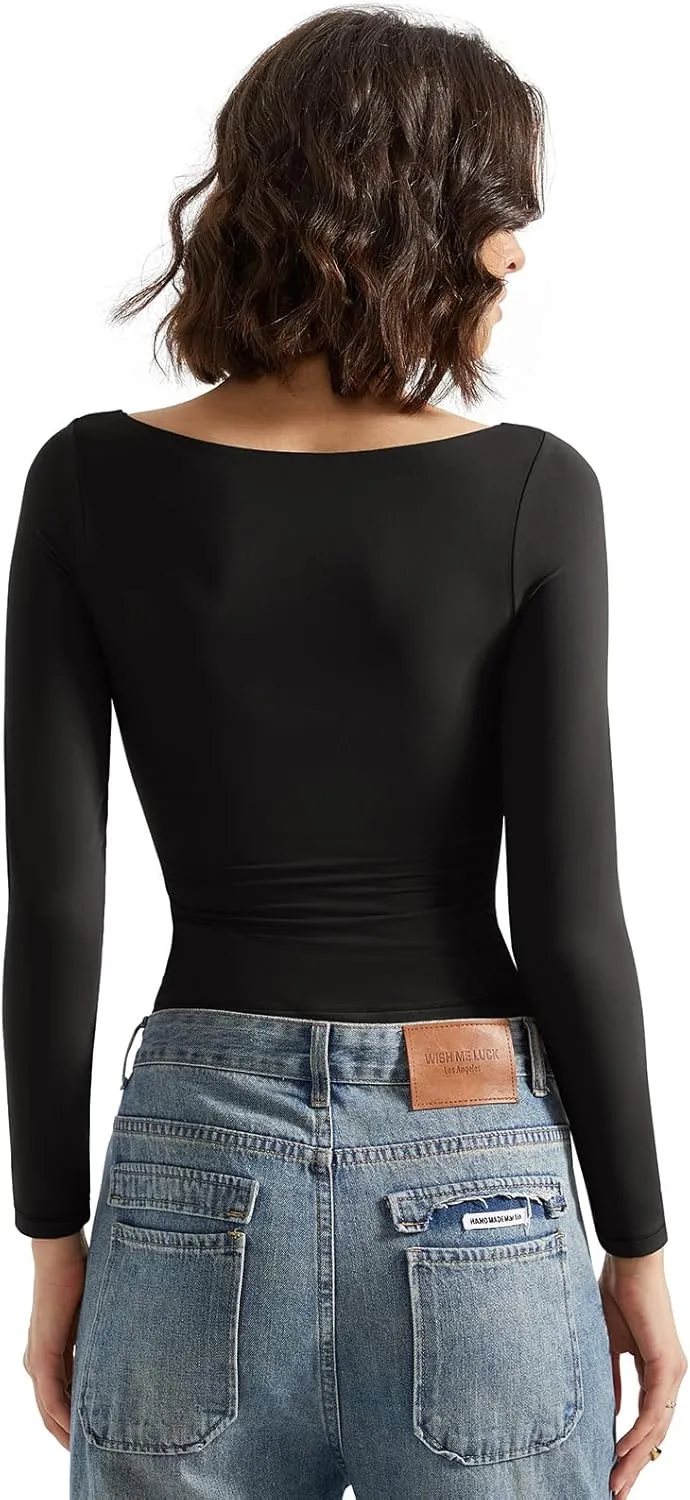 SUUKSESS Women Crew Neck Long Sleeve T Shirts Double Lined Tight Fitted Crop Top