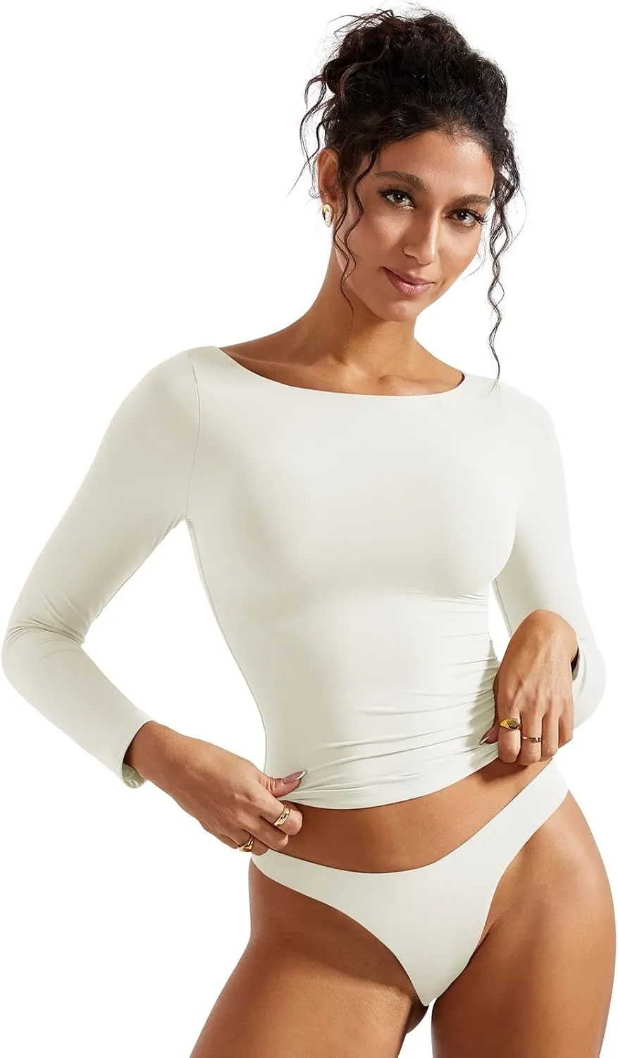 SUUKSESS Women Crew Neck Long Sleeve T Shirts Double Lined Tight Fitted Crop Top