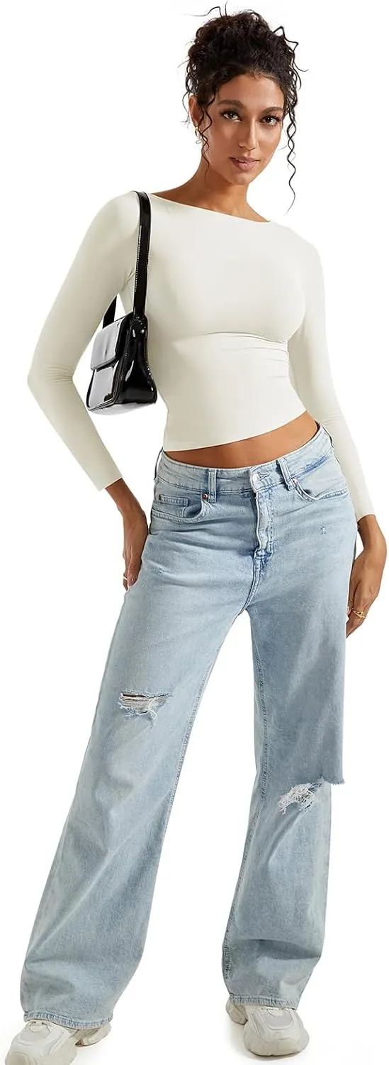 SUUKSESS Women Crew Neck Long Sleeve T Shirts Double Lined Tight Fitted Crop Top