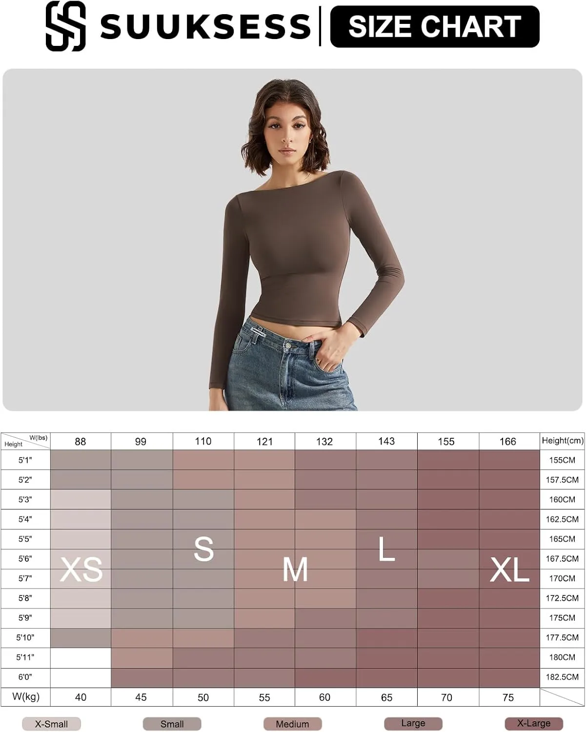 SUUKSESS Women Crew Neck Long Sleeve T Shirts Double Lined Tight Fitted Crop Top
