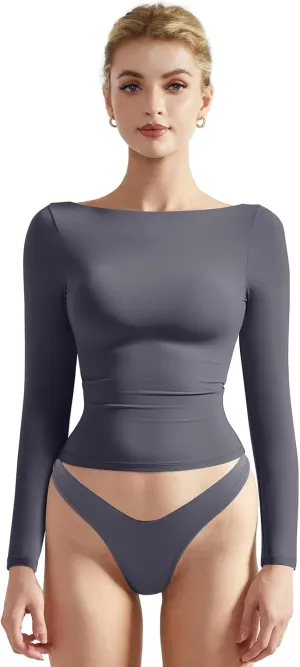 SUUKSESS Women Crew Neck Long Sleeve T Shirts Double Lined Tight Fitted Crop Top