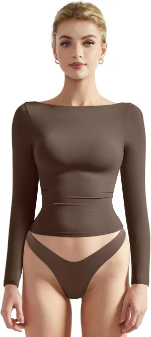 SUUKSESS Women Crew Neck Long Sleeve T Shirts Double Lined Tight Fitted Crop Top