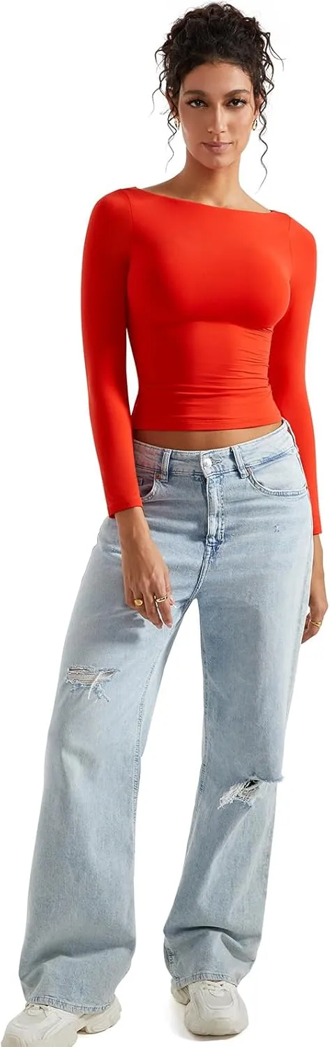 SUUKSESS Women Crew Neck Long Sleeve T Shirts Double Lined Tight Fitted Crop Top