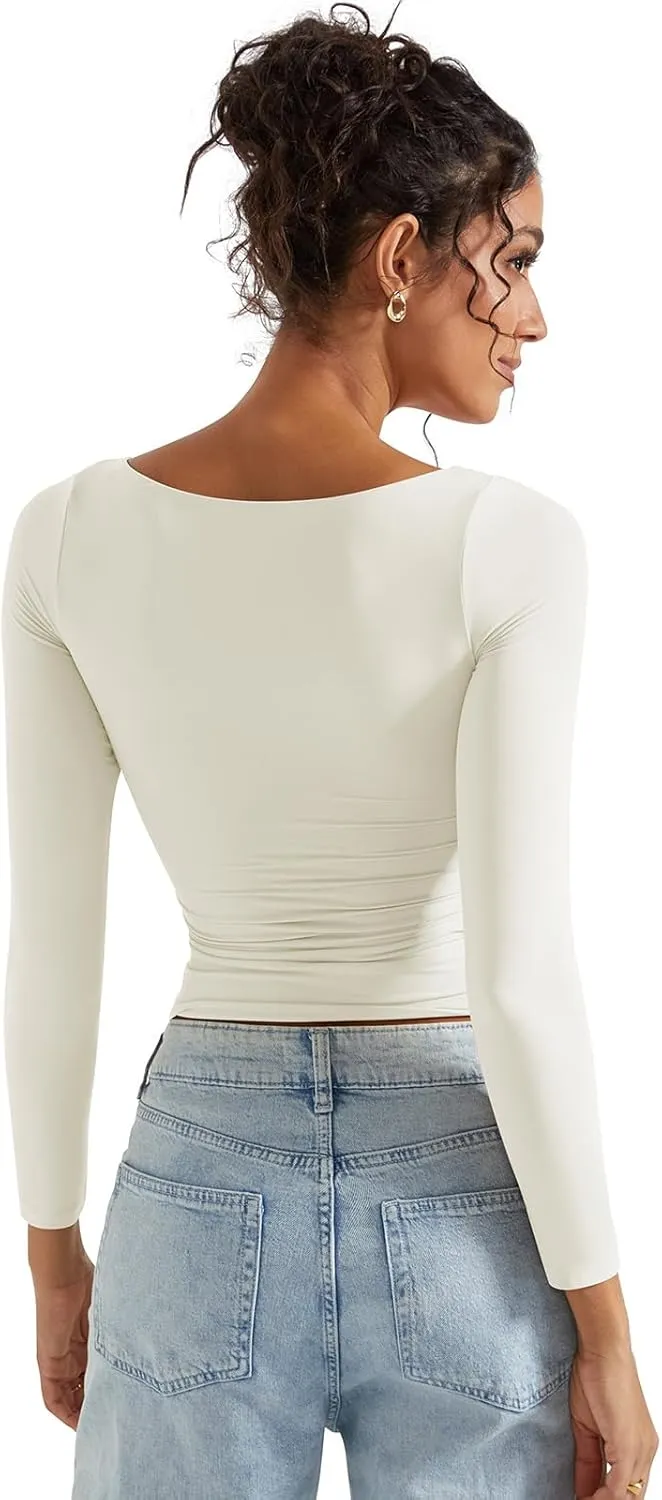 SUUKSESS Women Crew Neck Long Sleeve T Shirts Double Lined Tight Fitted Crop Top