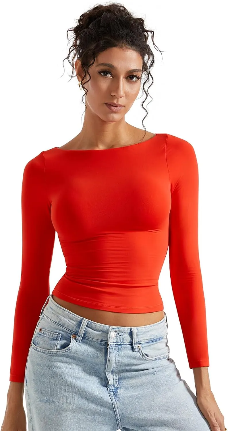 SUUKSESS Women Crew Neck Long Sleeve T Shirts Double Lined Tight Fitted Crop Top