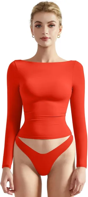 SUUKSESS Women Crew Neck Long Sleeve T Shirts Double Lined Tight Fitted Crop Top