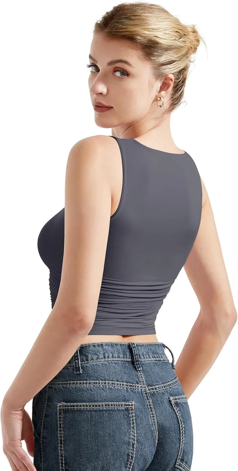 SUUKSESS Women Double Lined Going Out Basic Tank Tops Ruched Summer T Shirts