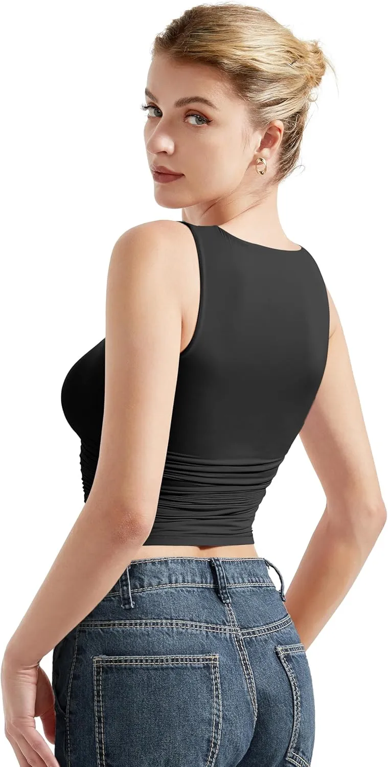 SUUKSESS Women Double Lined Going Out Basic Tank Tops Ruched Summer T Shirts