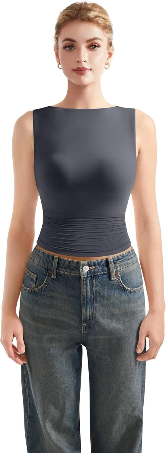 SUUKSESS Women Double Lined Going Out Basic Tank Tops Ruched Summer T Shirts