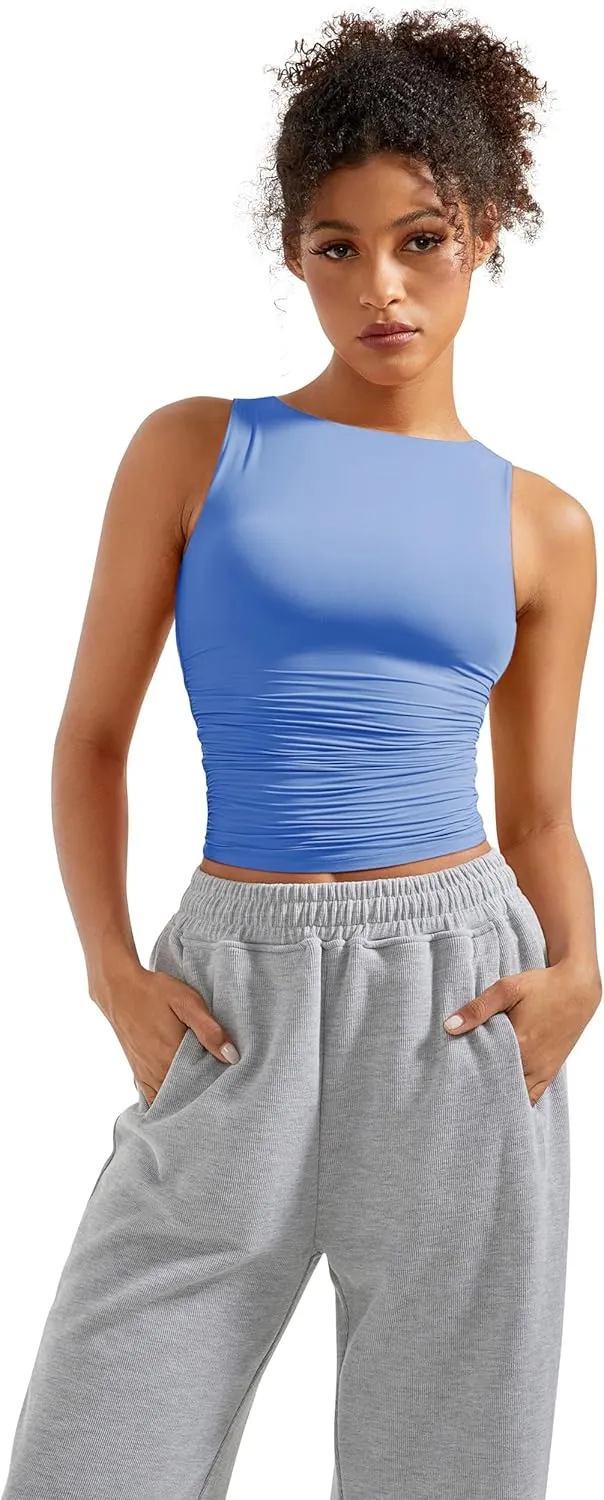 SUUKSESS Women Double Lined Going Out Basic Tank Tops Ruched Summer T Shirts
