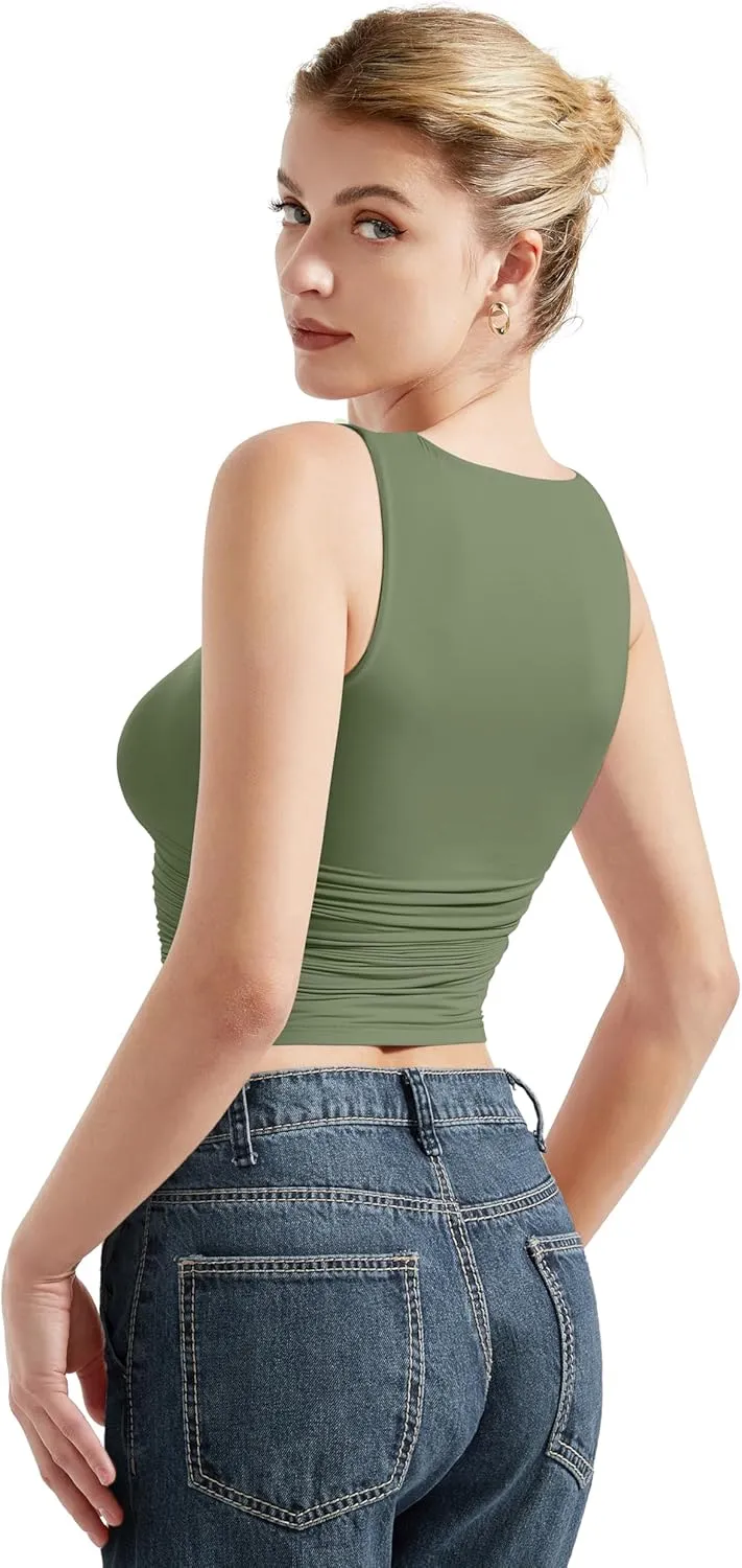 SUUKSESS Women Double Lined Going Out Basic Tank Tops Ruched Summer T Shirts