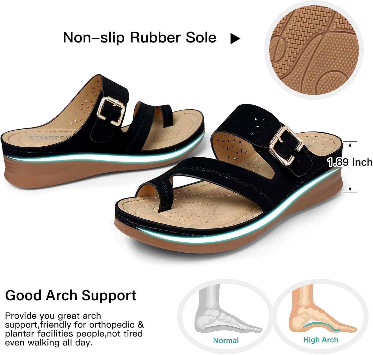 TEMOFON Flip Flops for Women Summer: Comfortable Walking Sandals,Arch Support,Orthopedic Bunion Sandal, Dressy Black/Navy/White Sandals Size 5-11