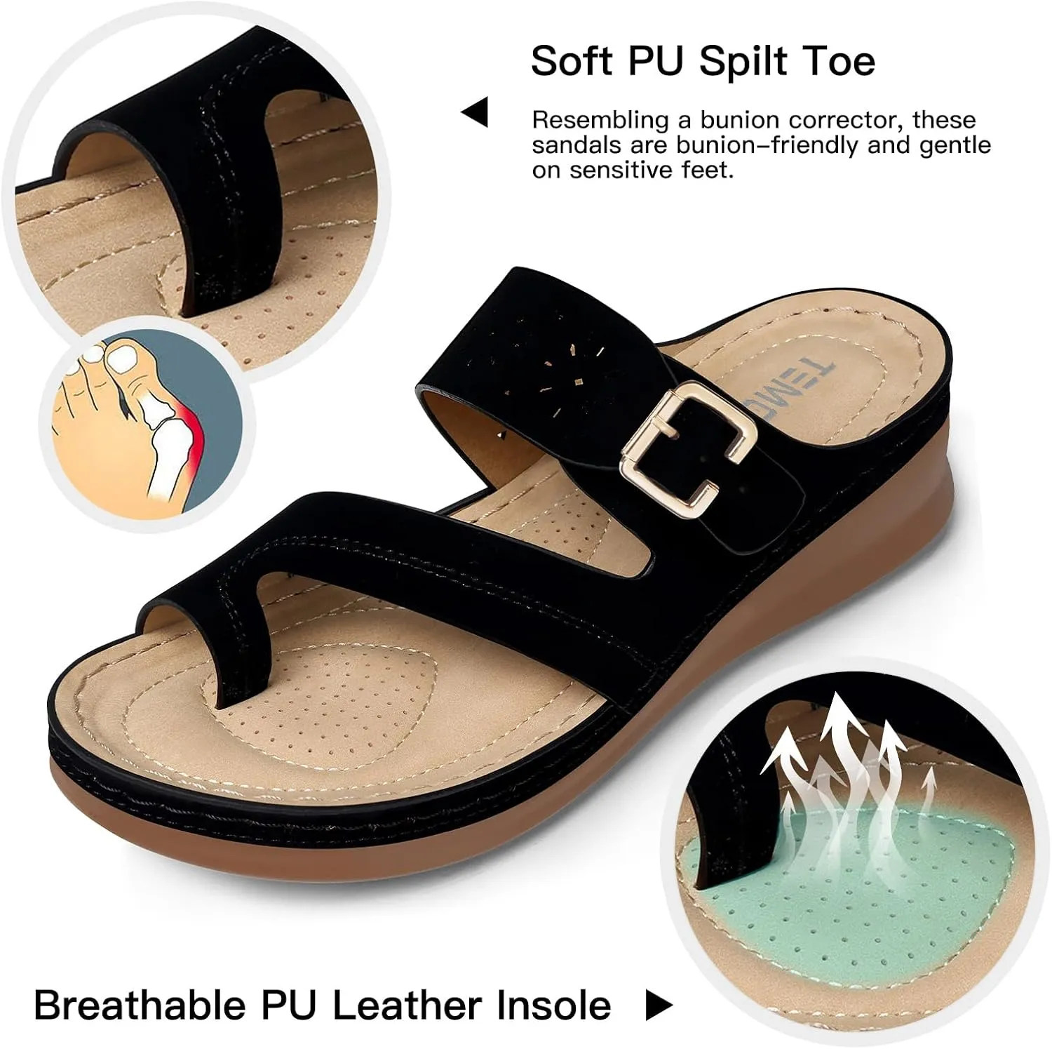 TEMOFON Flip Flops for Women Summer: Comfortable Walking Sandals,Arch Support,Orthopedic Bunion Sandal, Dressy Black/Navy/White Sandals Size 5-11
