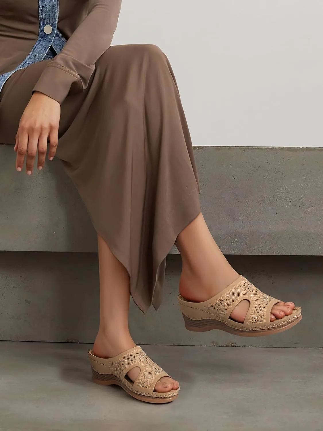 TEMOFON Women Wedge Sandals Dressy: Soft Leather Sandal, Rubber Sole, Comfortable Walking, Casual Slip on Summer Sandals