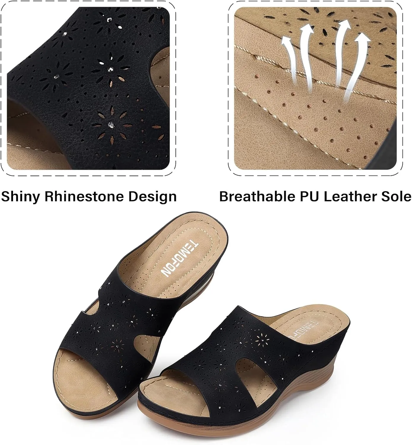 TEMOFON Women Wedge Sandals Dressy: Soft Leather Sandal, Rubber Sole, Comfortable Walking, Casual Slip on Summer Sandals
