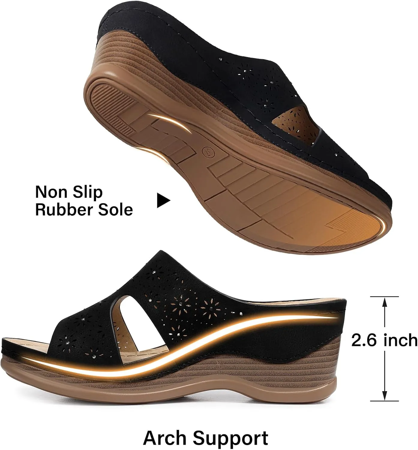 TEMOFON Women Wedge Sandals Dressy: Soft Leather Sandal, Rubber Sole, Comfortable Walking, Casual Slip on Summer Sandals