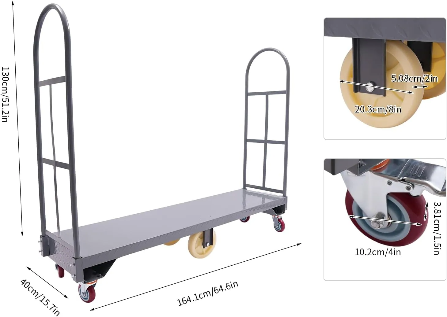 TFCFL Narrow Aisle U-Boat Platform Truck Dolly, 64.6Lx15.7H 2000lbs Capacity U-Boat Steel Cart with 6 Wheels (2 Directional Wheels), Thick Steel Deck Premium Hand Truck for Warehouses Transportation