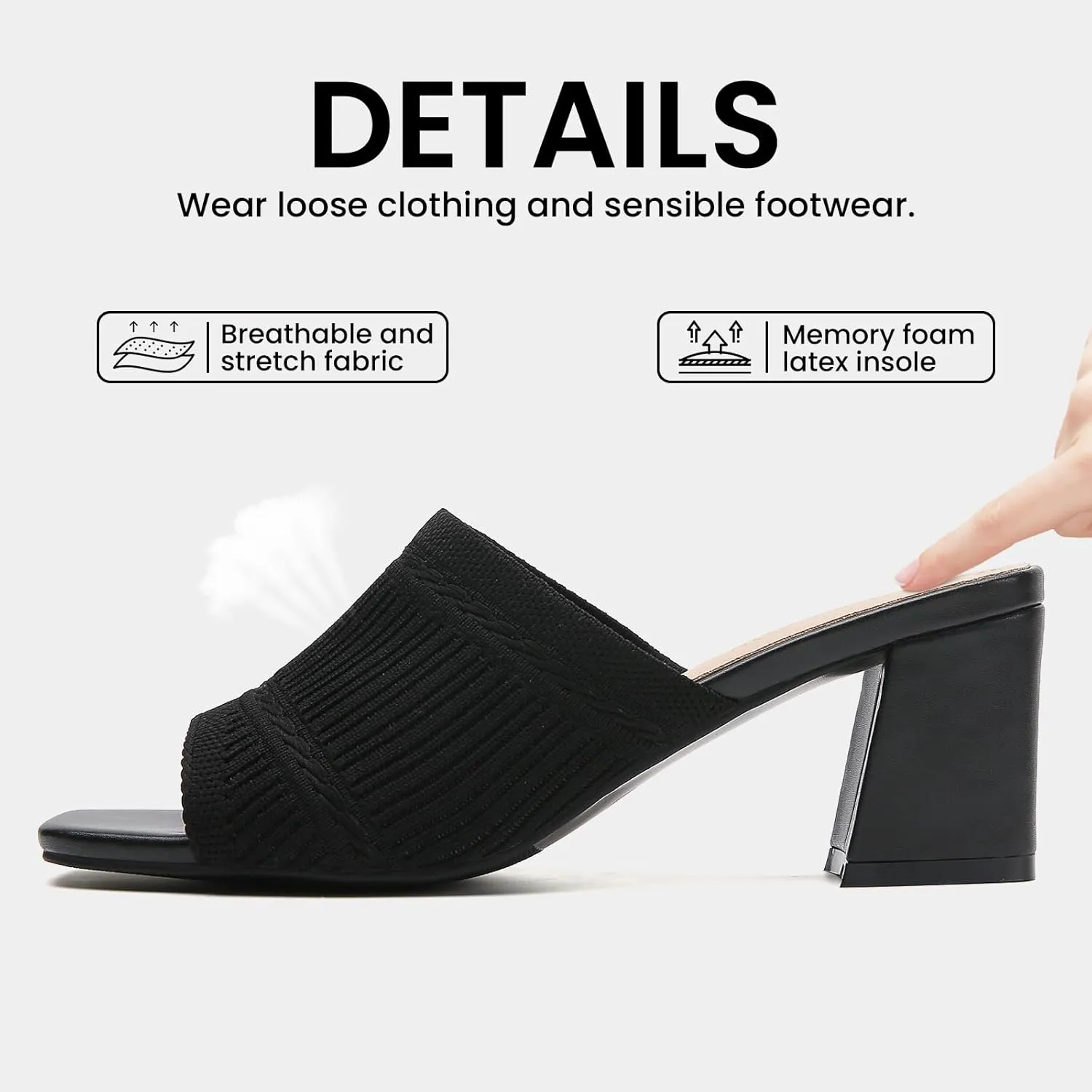 Tilocow Knit Heeled Sandals Chunky Low Block Heel Mules for Women Square Open Toe Heels Slip On Breathable Slides Sandal