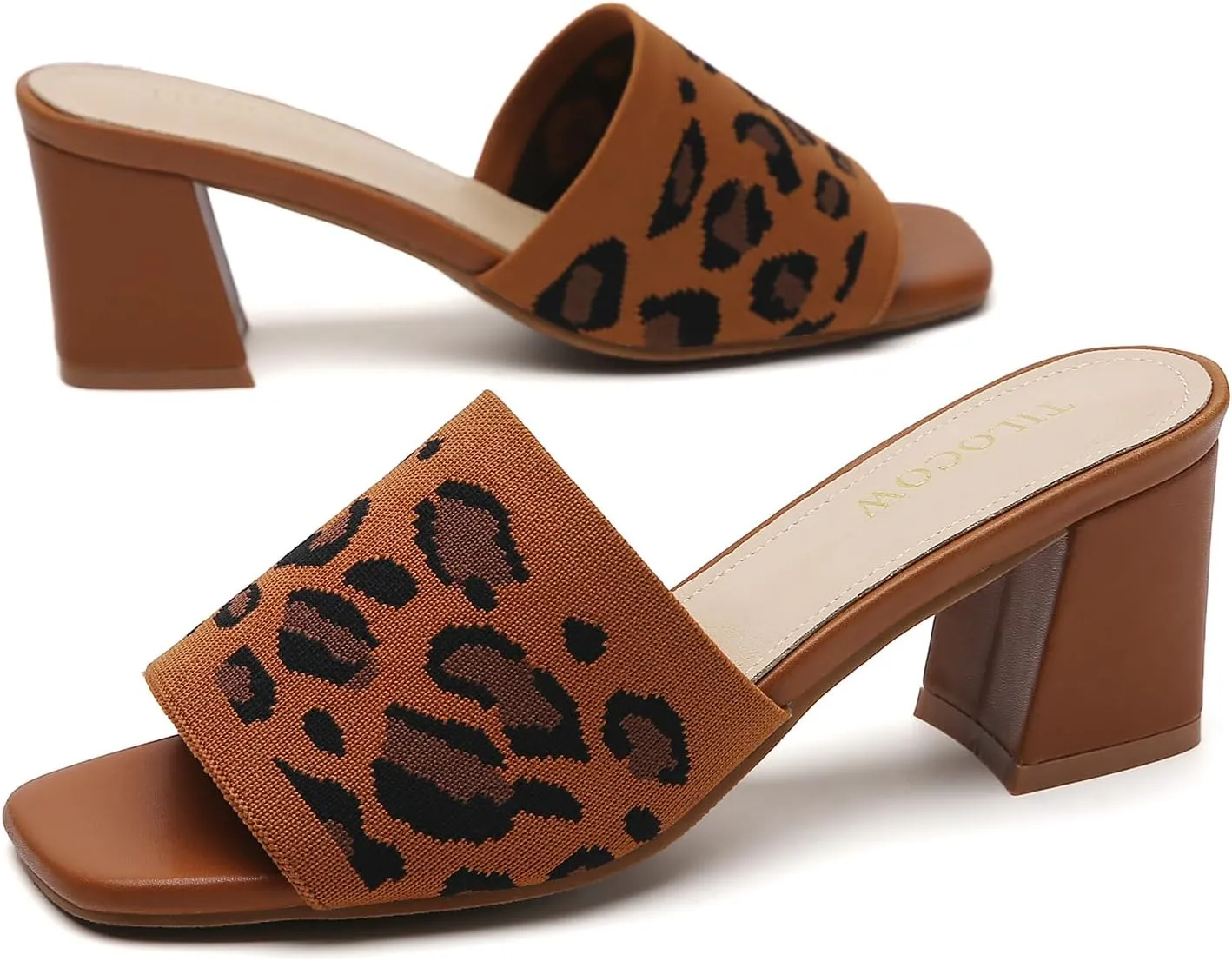 Tilocow Knit Heeled Sandals Chunky Low Block Heel Mules for Women Square Open Toe Heels Slip On Breathable Slides Sandal
