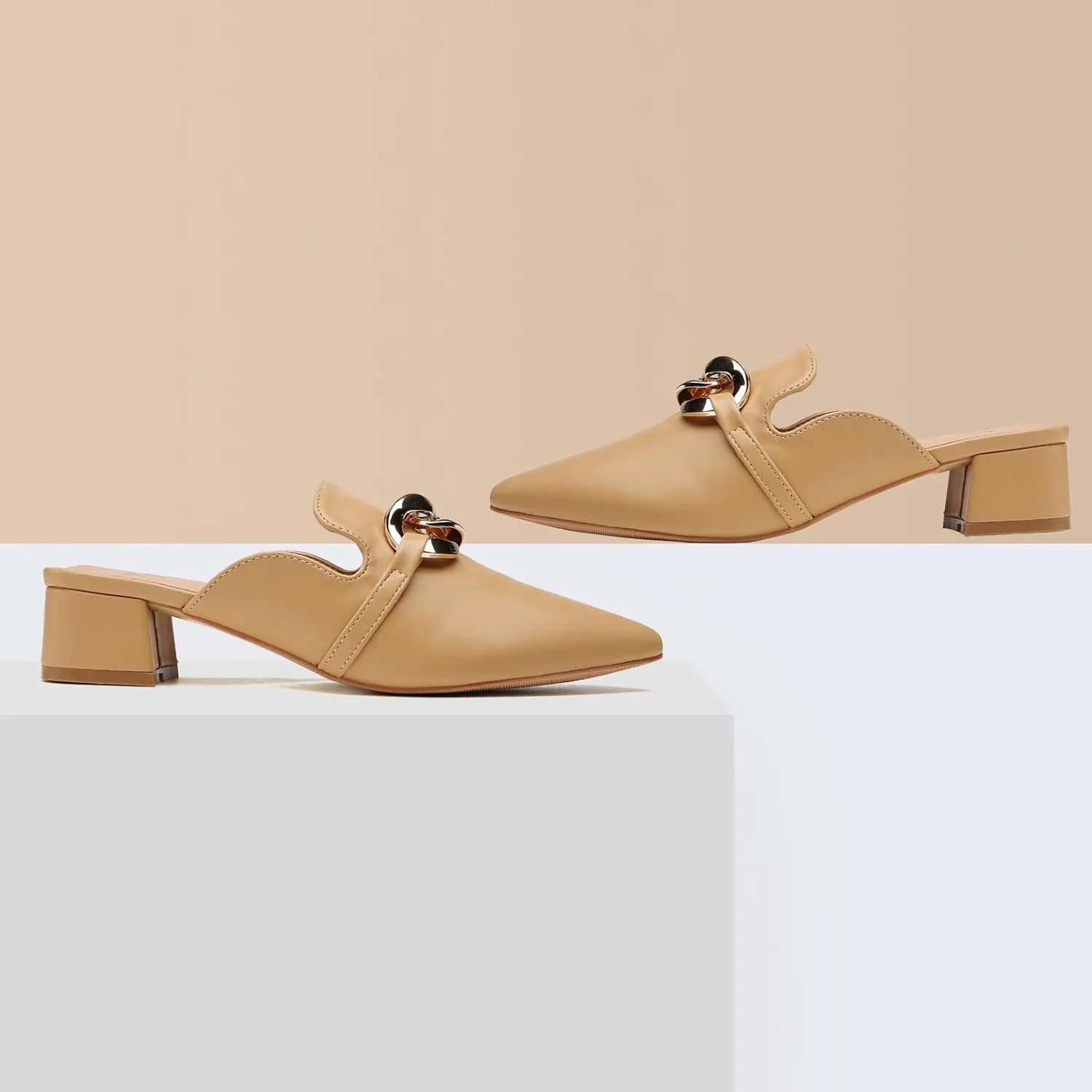 Tilocow Metal Chain Decor Mules Heels for Women Chunky Heeled Sandals Slip on Closed Toe Slides for Women Backless Mules