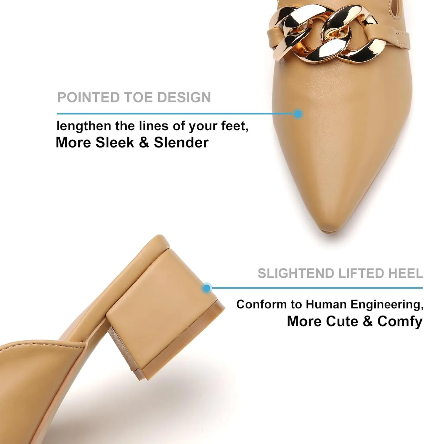 Tilocow Metal Chain Decor Mules Heels for Women Chunky Heeled Sandals Slip on Closed Toe Slides for Women Backless Mules