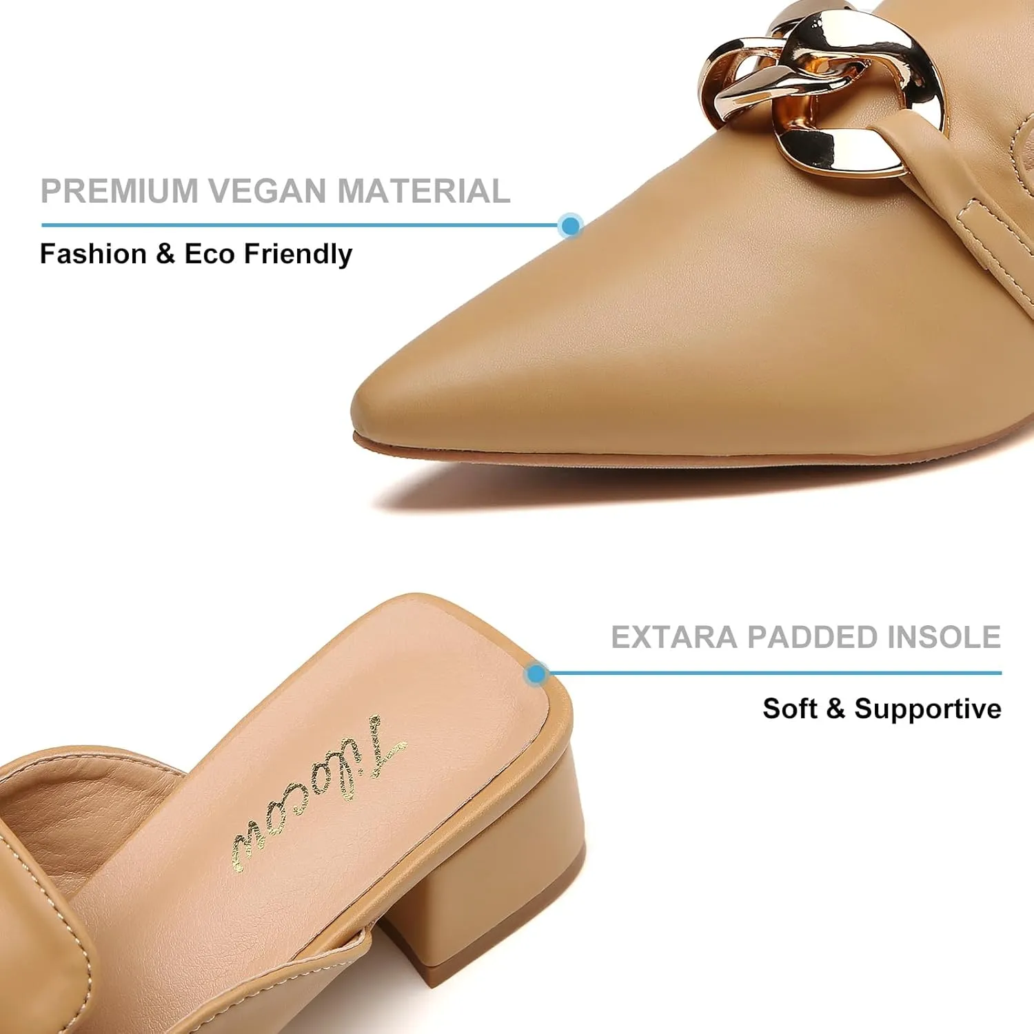 Tilocow Metal Chain Decor Mules Heels for Women Chunky Heeled Sandals Slip on Closed Toe Slides for Women Backless Mules