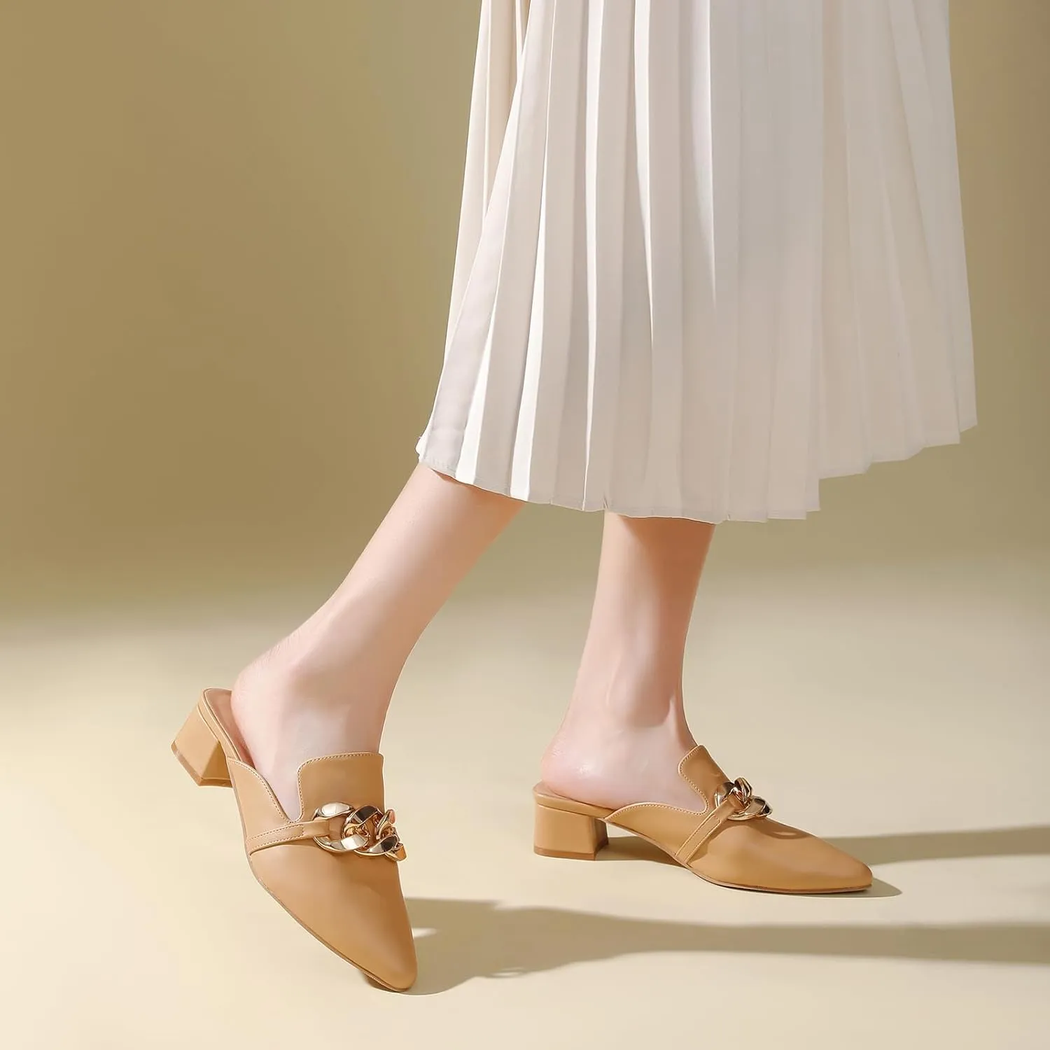 Tilocow Metal Chain Decor Mules Heels for Women Chunky Heeled Sandals Slip on Closed Toe Slides for Women Backless Mules