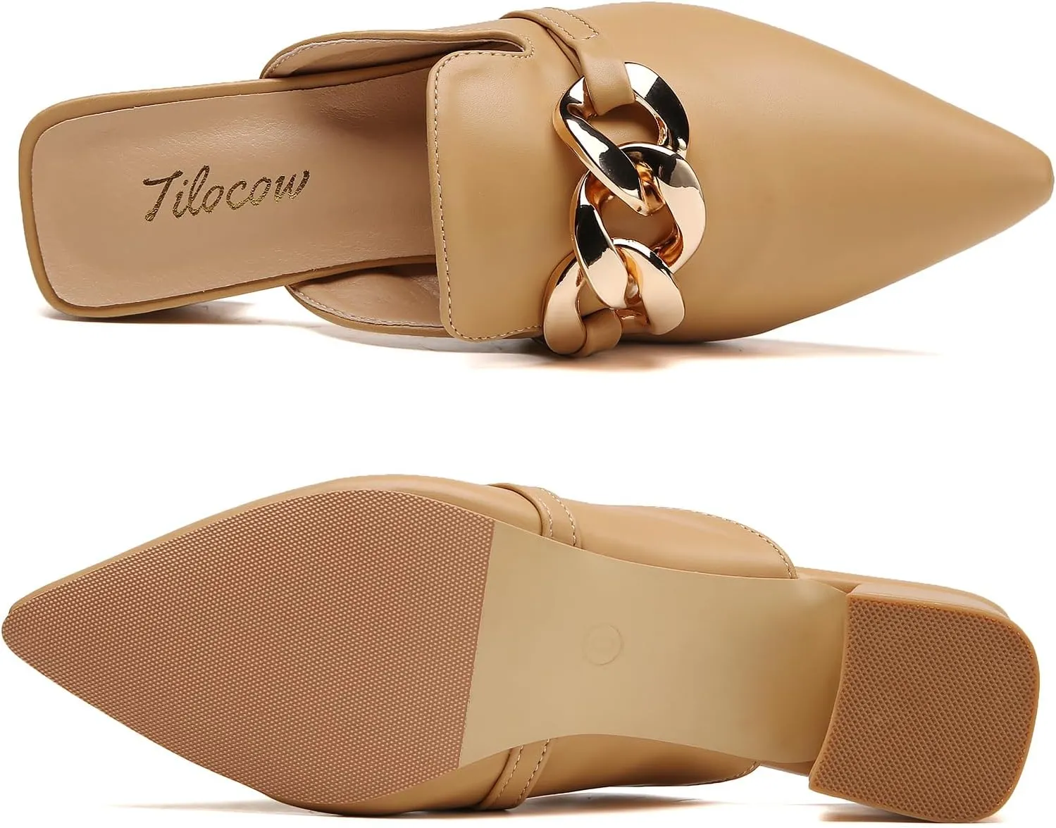 Tilocow Metal Chain Decor Mules Heels for Women Chunky Heeled Sandals Slip on Closed Toe Slides for Women Backless Mules