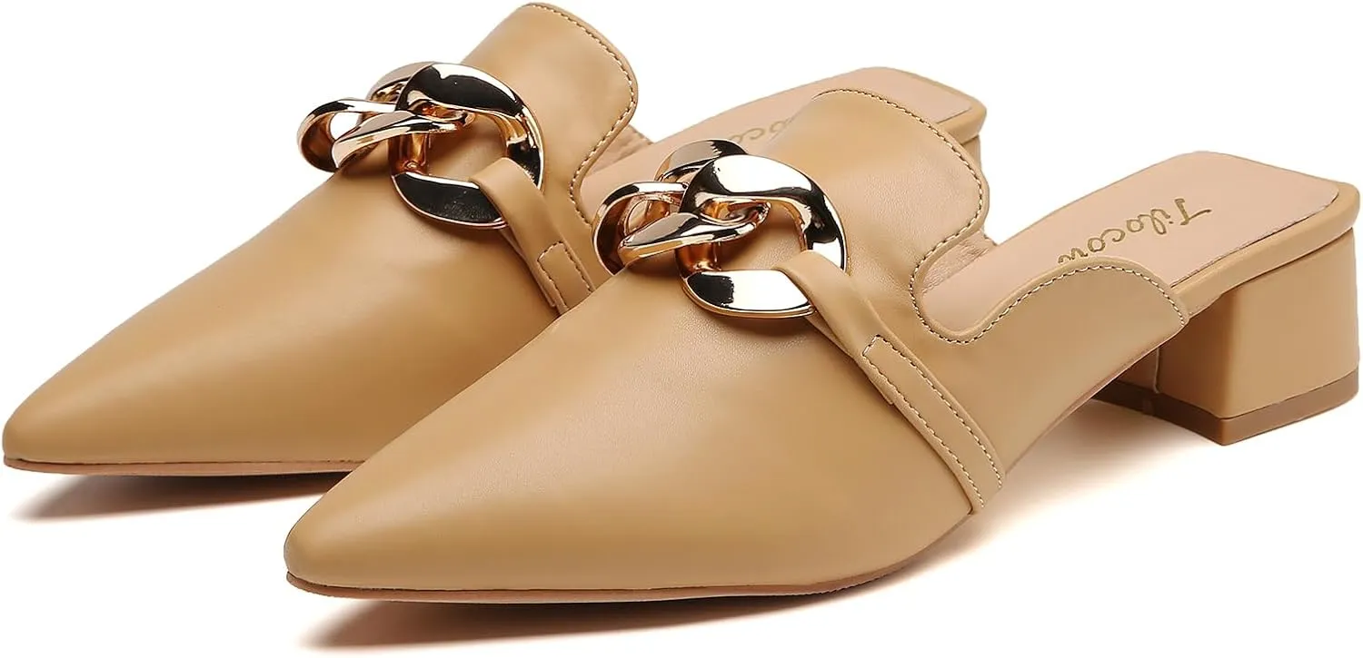 Tilocow Metal Chain Decor Mules Heels for Women Chunky Heeled Sandals Slip on Closed Toe Slides for Women Backless Mules