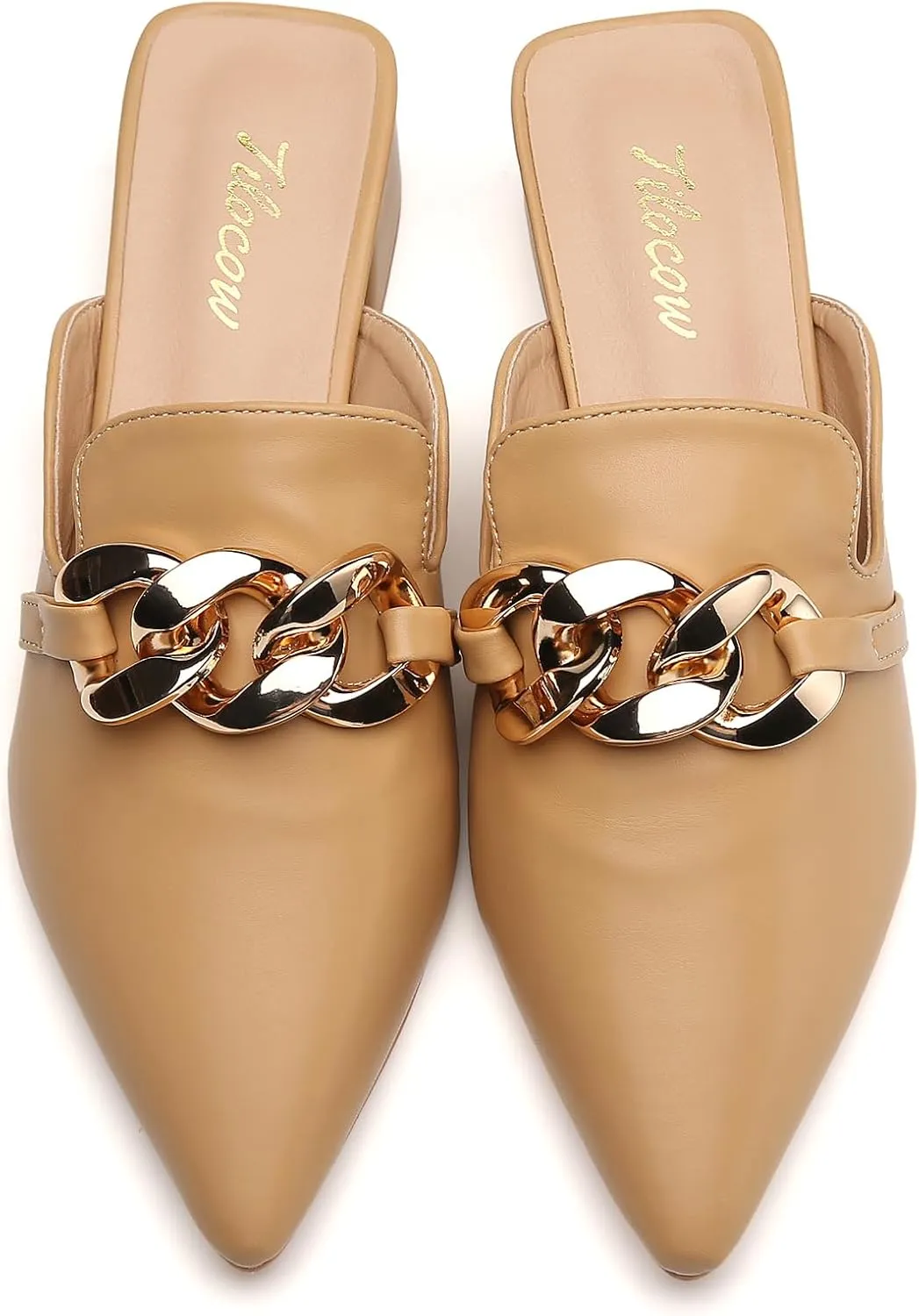 Tilocow Metal Chain Decor Mules Heels for Women Chunky Heeled Sandals Slip on Closed Toe Slides for Women Backless Mules